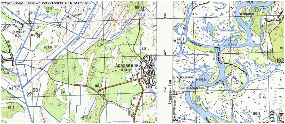 Карта АСАРЕВИЧИ, Гомельская область, Брагинский район