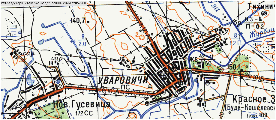 Карта УВАРОВИЧИ, Гомельская область, Буда-Кошелевский район