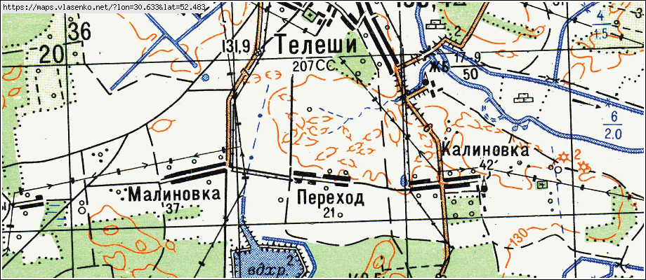 Карта ТЕЛЕШИ, Гомельская область, Гомельский район