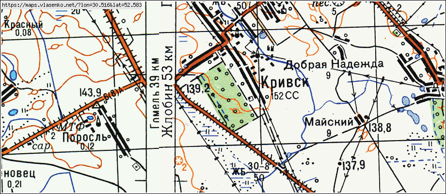 Карта КРИВСК, Гомельская область, Рогачевский район