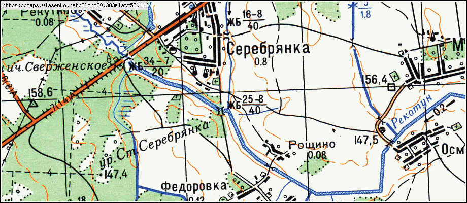 Карта СЕРЕБРЯНКА, Гомельская область, Рогачевский район