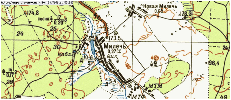 Карта МИЛЕЧЬ, Брянская область, Почепский район