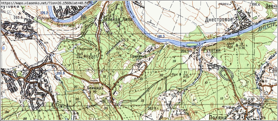 Карта ГРИНЯЧКА, Чернівецька область, Хотинський район