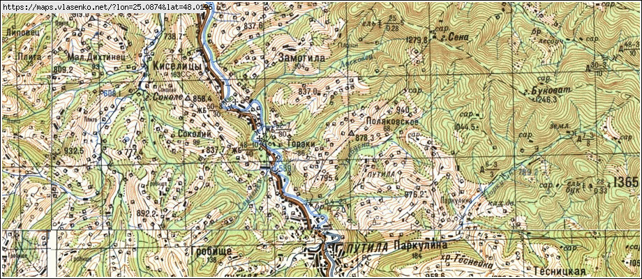 Карта ПОЛЯКІВСЬКЕ, Чернівецька область, Путильський район