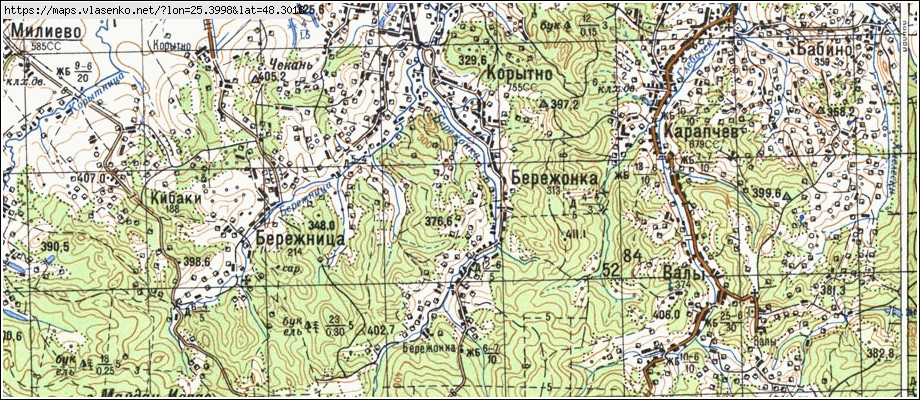 Карта БЕРЕЖОНКА, Чернівецька область, Вижницький район