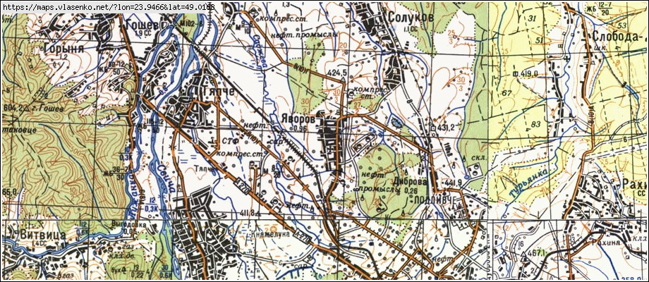 Карта ЯВОРІВ, Івано-Франківська область, Долинський район