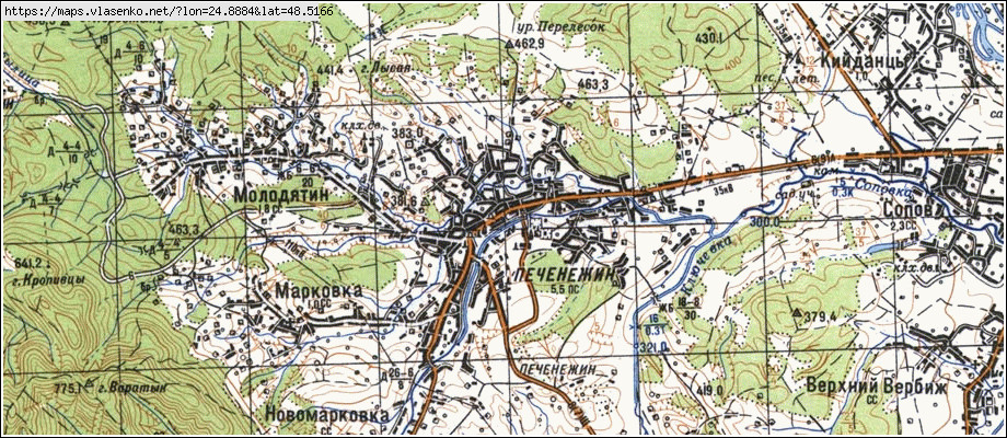 Карта ПЕЧЕНІЖИН, Івано-Франківська область, Коломийський район
