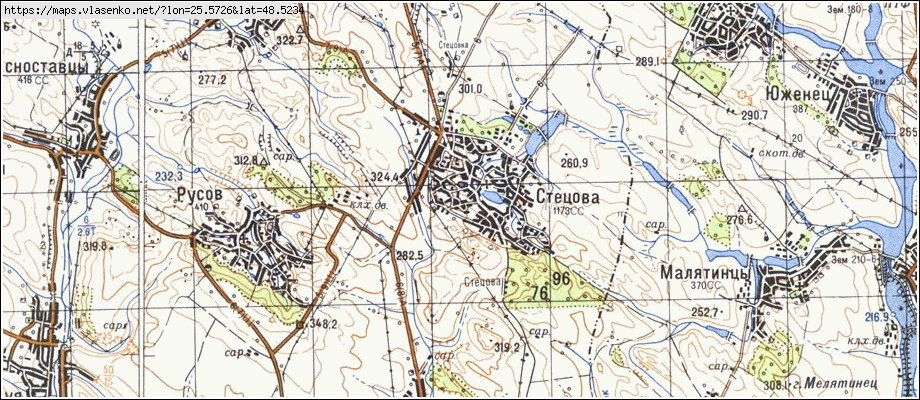 Карта СТЕЦЕВА, Івано-Франківська область, Снятинський район