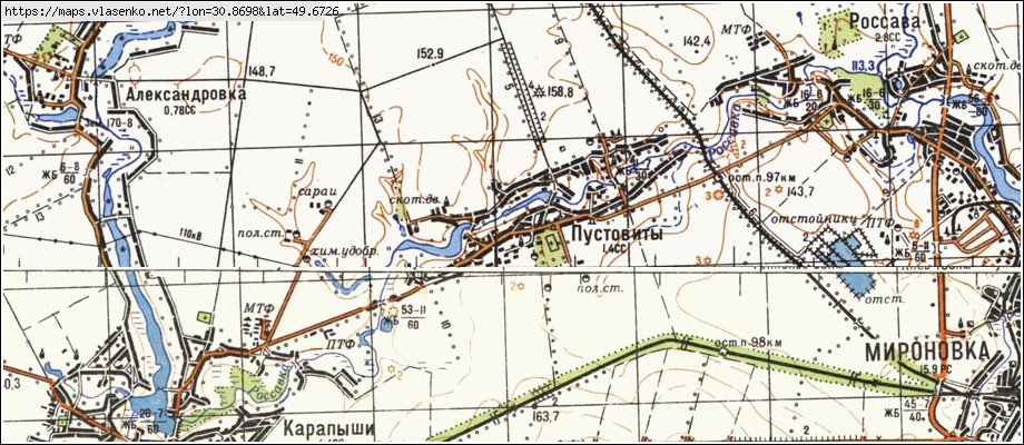 Карта ПУСТОВІТИ, Київська область, Миронівський район