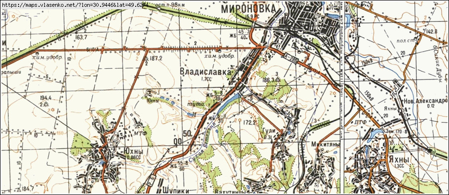 Карта ВЛАДИСЛАВКА, Київська область, Миронівський район