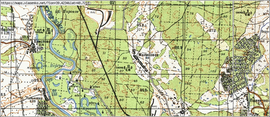 Карта МАЛИНОВЕ, Луганська область, Станично-Луганський район
