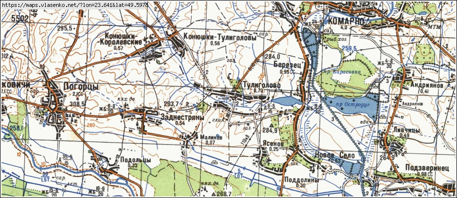 Карта ТУЛИГОЛОВЕ, Львівська область, Городоцький район