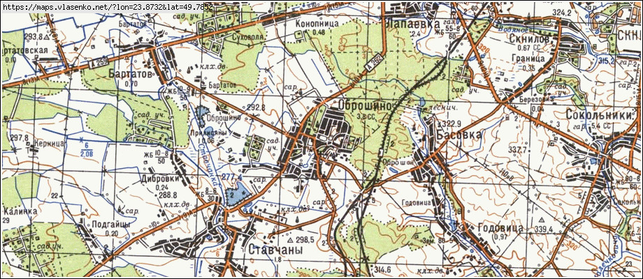 Карта ОБРОШИНЕ, Львівська область, Пустомитівський район
