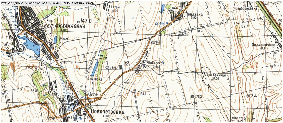 Карта ВАКАРСЬКЕ, Одеська область, Великомихайлівський район