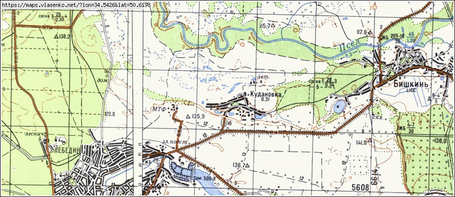 Карта КУДАНІВКА, Сумська область, м Лебедин район