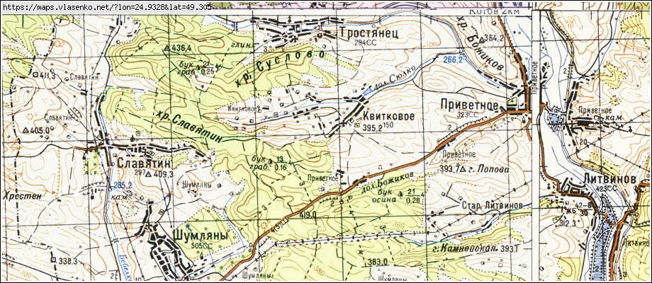 Карта КВІТКОВЕ, Тернопільська область, Бережанський район
