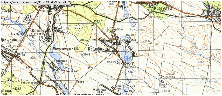 Карта КОЦЮБИНЦІ, Тернопільська область, Гусятинський район