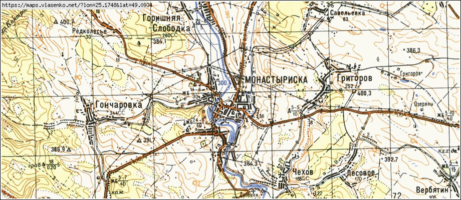 Карта МОНАСТИРИСЬКА, Тернопільська область, Монастириський район