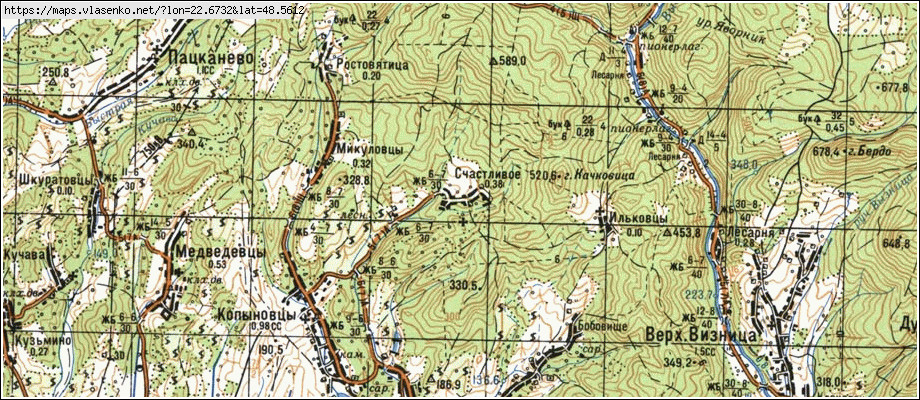 Карта ЩАСЛИВЕ, Закарпатська область, Мукачівський район