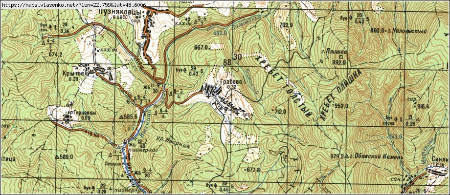 Карта ГРАБОВО, Закарпатська область, Мукачівський район