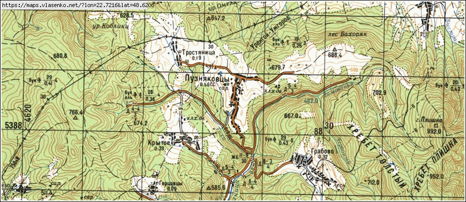 Карта ПУЗНЯКІВЦІ, Закарпатська область, Мукачівський район