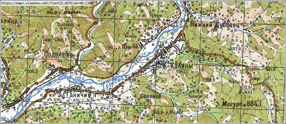 Карта КАЛИНИ, Закарпатська область, Тячівський район