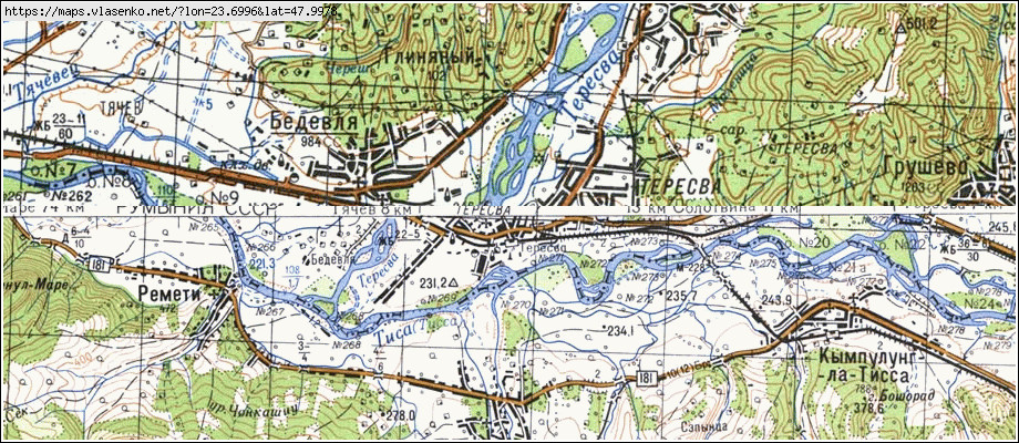Карта ТЕРЕСВА, Закарпатська область, Тячівський район